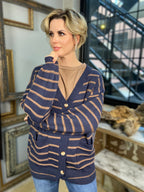 Navy and mocha striped cardigan sweater with button closure and pockets