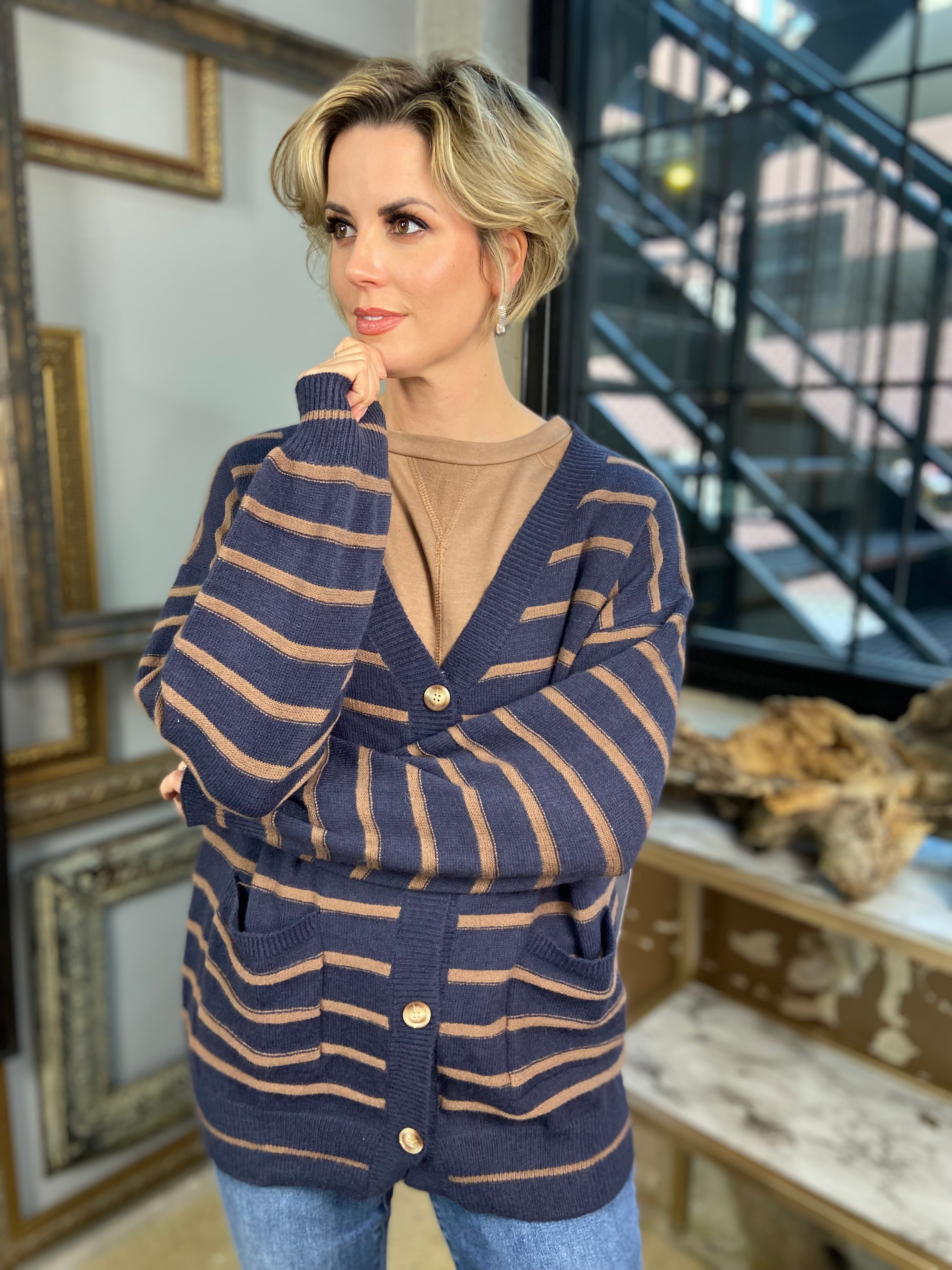 Navy and mocha striped cardigan sweater with button closure and pockets