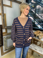Navy and mocha striped cardigan sweater with button closure and pockets