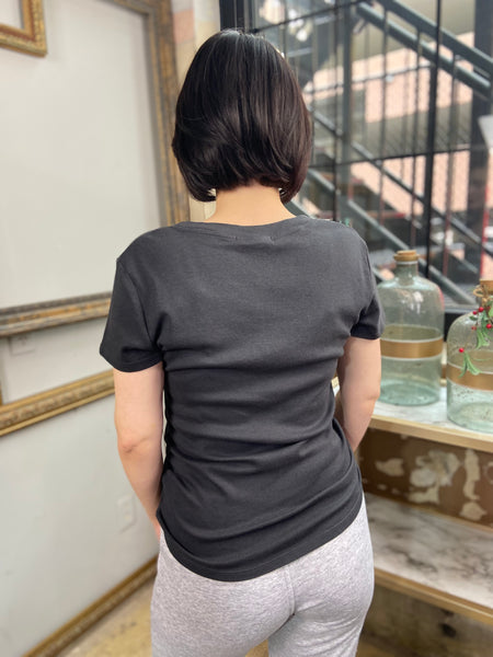 Back view of a charcoal colored basic tee