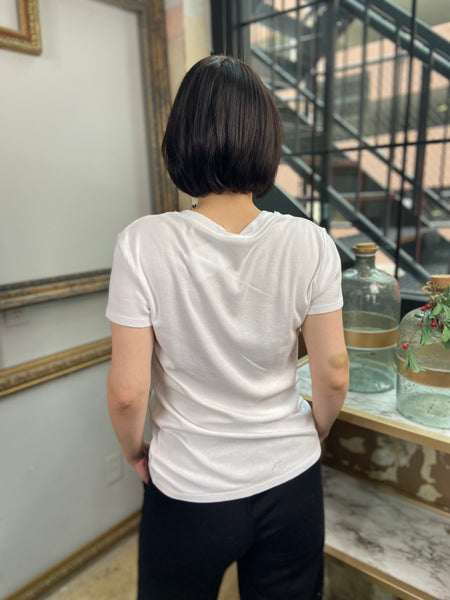 Back view of a white short sleeved basic tee