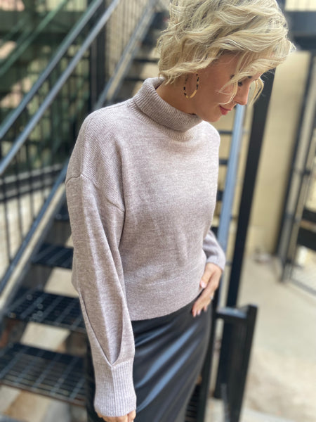 heathered turtle neck sweater side view