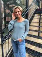 Keiz Dusty Blue Ribbed Long Sleeve Top