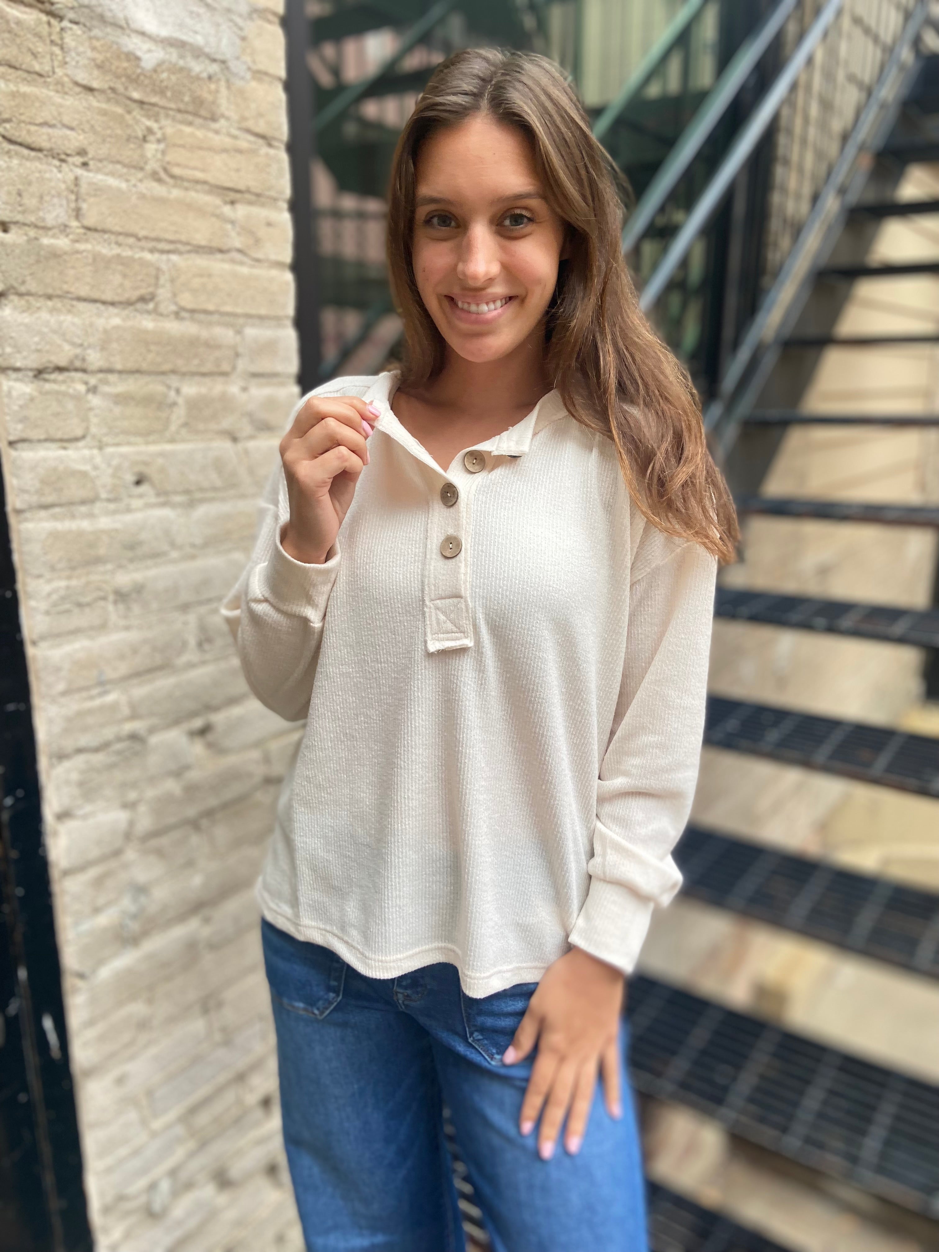 Kit Cream Ribbed Henley Long Sleeve Top