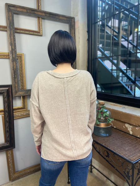 Back view of mocha colored v neck long sleeve drop with exposed seams from Zenana