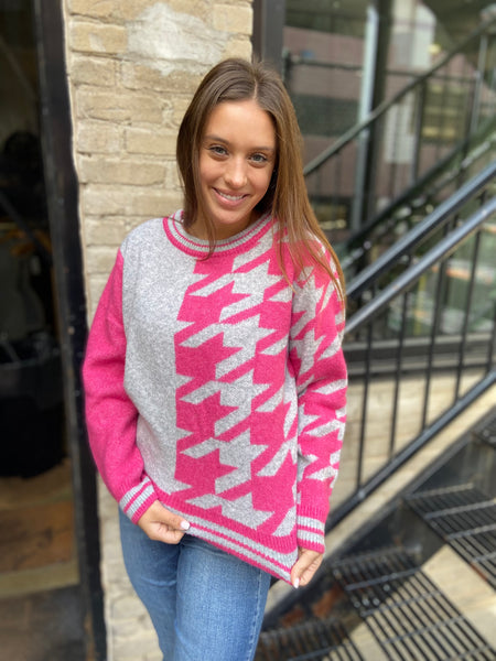 Fuchsia & Gray hounds tooth sweater front view