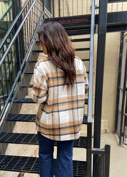 Camel Colored Plaid Shacket Back View