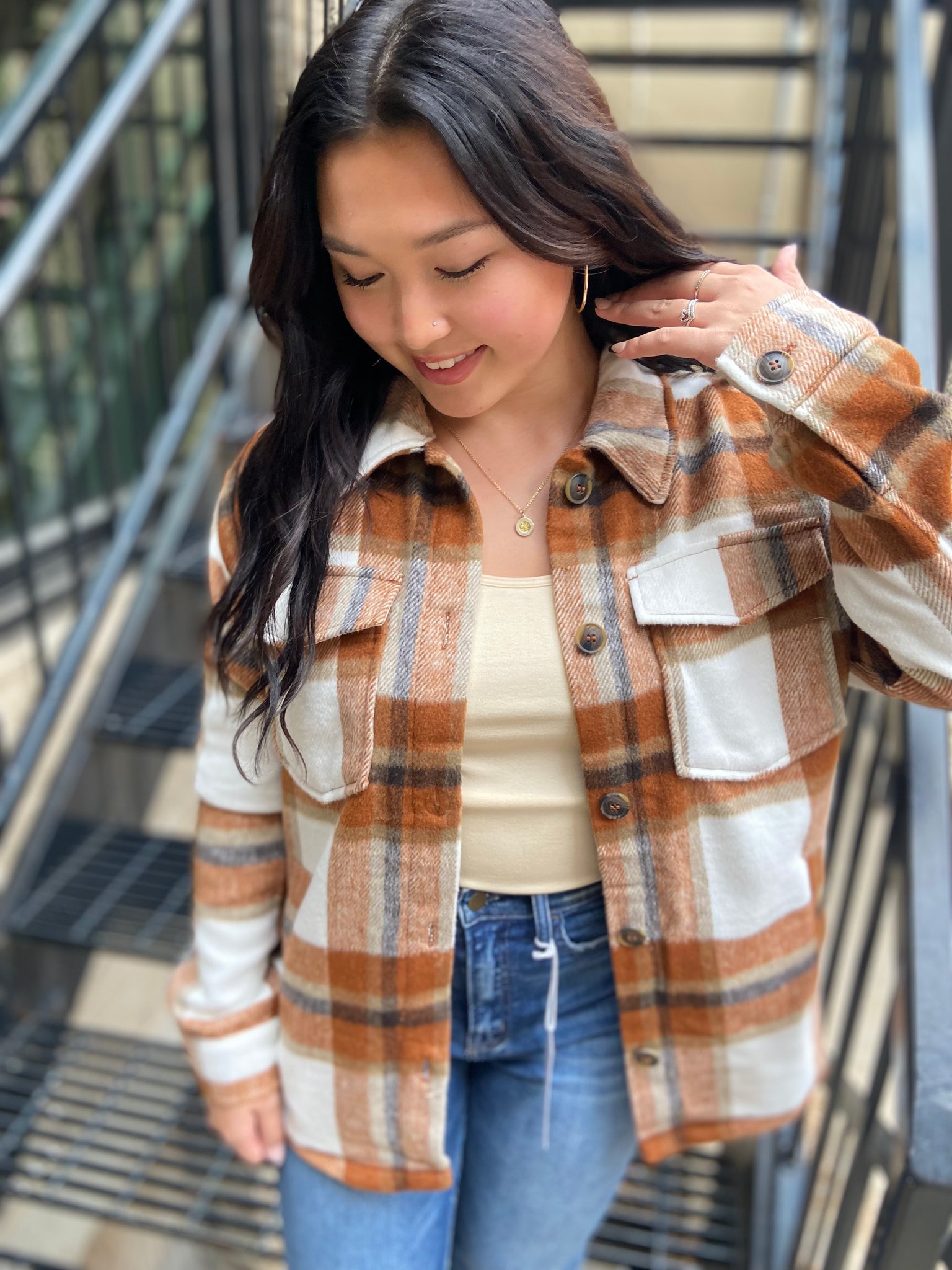 Rust and ivory plaid shacket