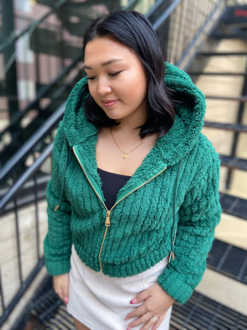 Green fuzzy hoodie with zipper closure