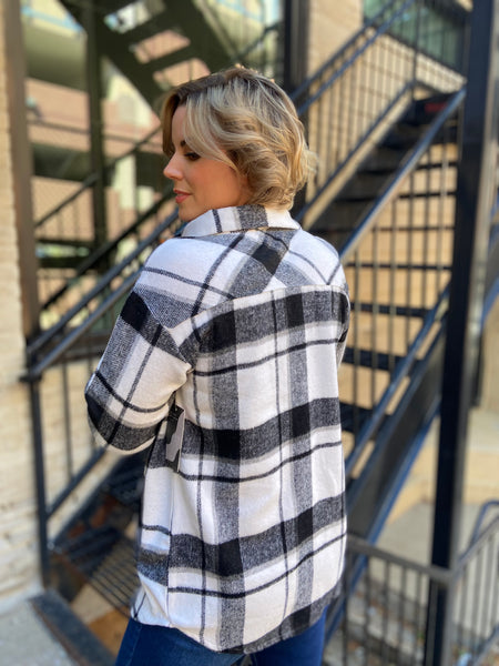 Black & Ivory Plaid Shacket Back View