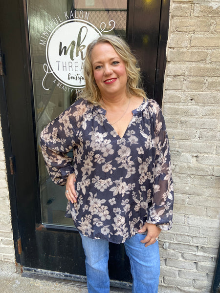 Charcoal floral long sleeve plus size blouse