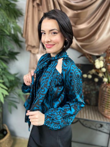 Teal and black abstract print blouse with neck tie