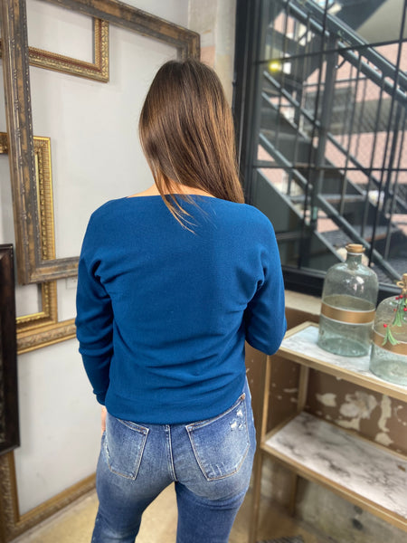 Back view of a blue boat neck sweater from Be Cool paired with blue jeans