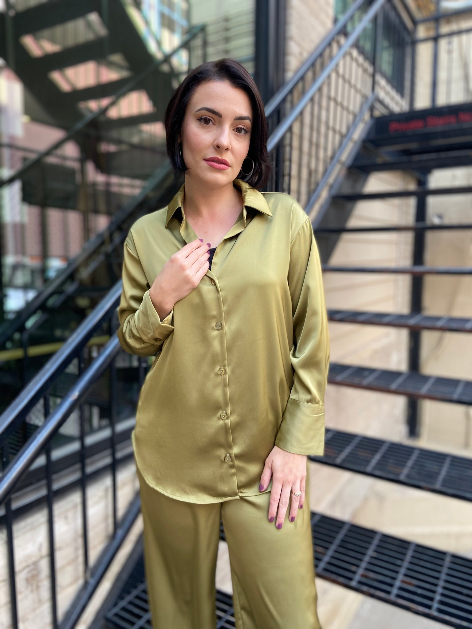 Satin olive colored button down top with matching pants