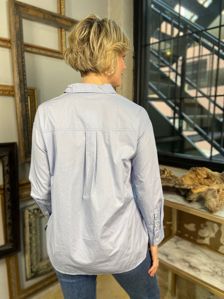 Back view of a light blue button down top