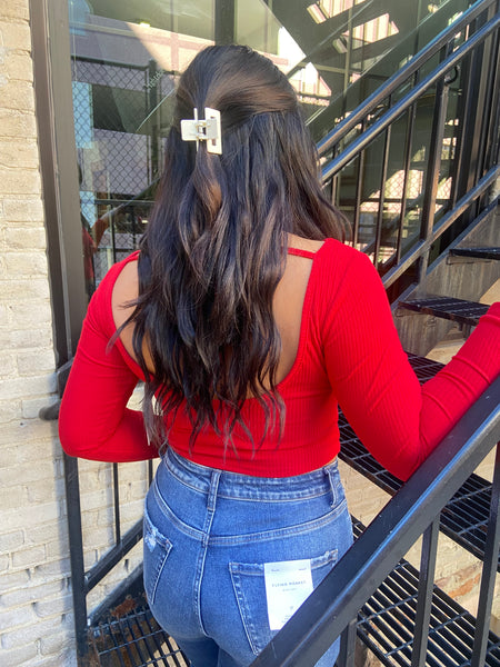 Back View of a Red  ribbed fitted cropped top