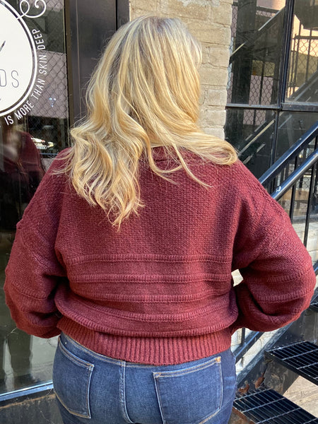 Back view of a Burgundy plus size cardigan sweater 