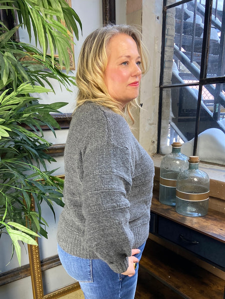 Side view of a charcoal  plus size cardigan sweater 