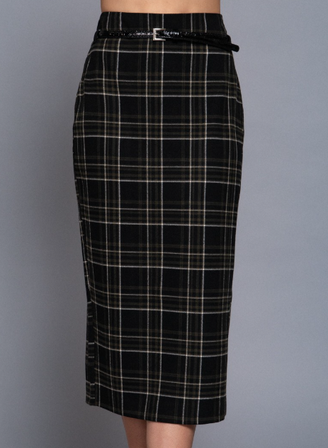 Parker Black & White Plaid Belted Midi Skirt