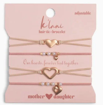 "Mother / Daughter" Pink with Pearls & Gold Hearts Shareable Hair Tie Bracelets
