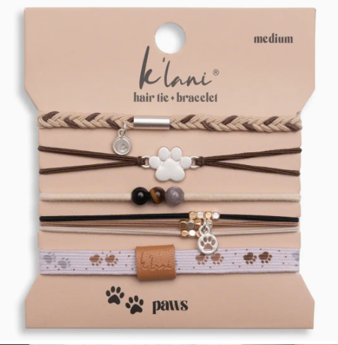 "Paws" Natural Hues with Silver & Paw Accents Hair Tie Bracelet - MK Threads Boutique