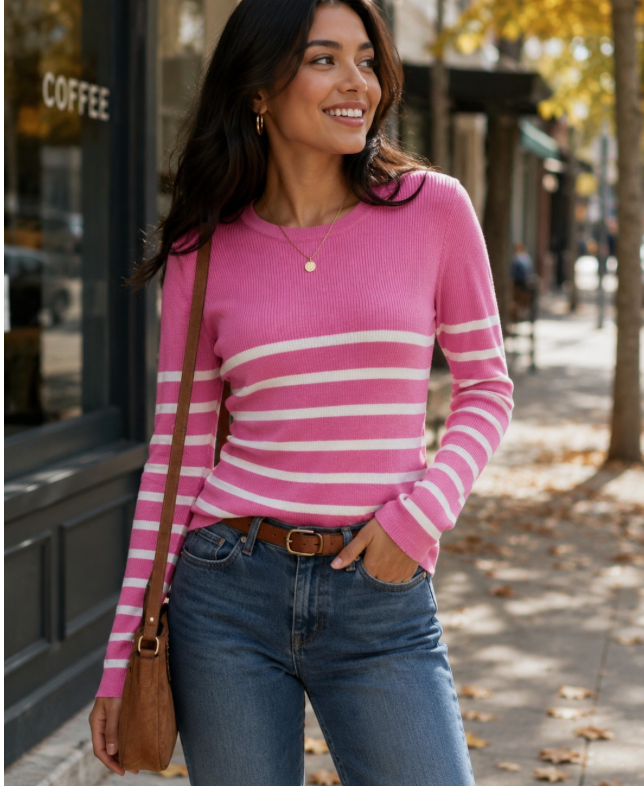 Linda Pink Striped Ribbed Sweater