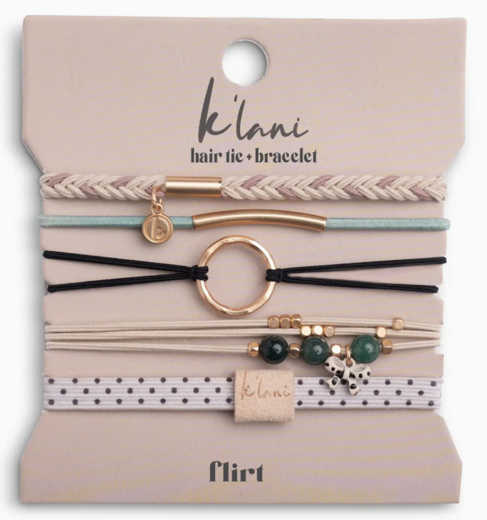 "Flirt" Polka Dot in Cream & Black with Green Accent Hair Tie Bracelets  Medium