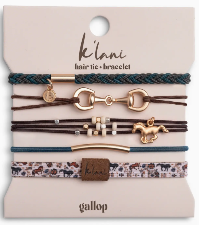 "Gallop" Horse & Bit Equestrian Accents in Rich Brown & Blue Hair Tie Bracelets  Medium