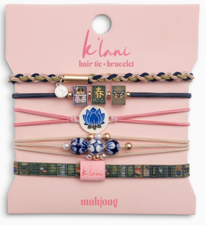 "Mahjong" Themed in Pink, Green & Blue with Lotus & Tile Accent Hair Tie Bracelets  Medium