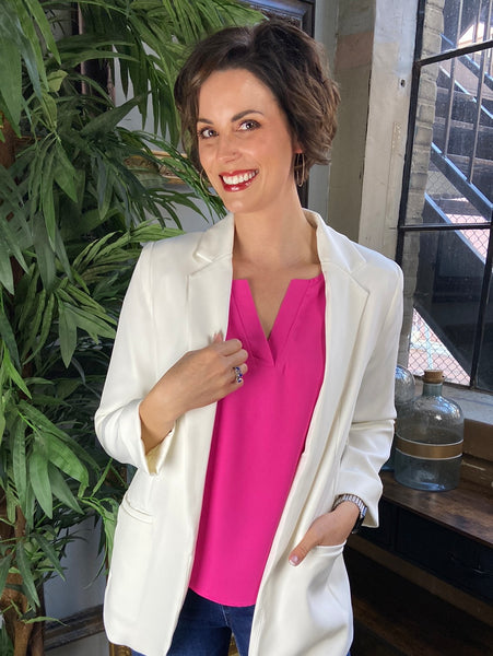 Ivory blazer with pockets from Zenana over a hot pink blouse