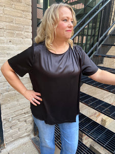 Black satiny half sleeve plus size dressy top