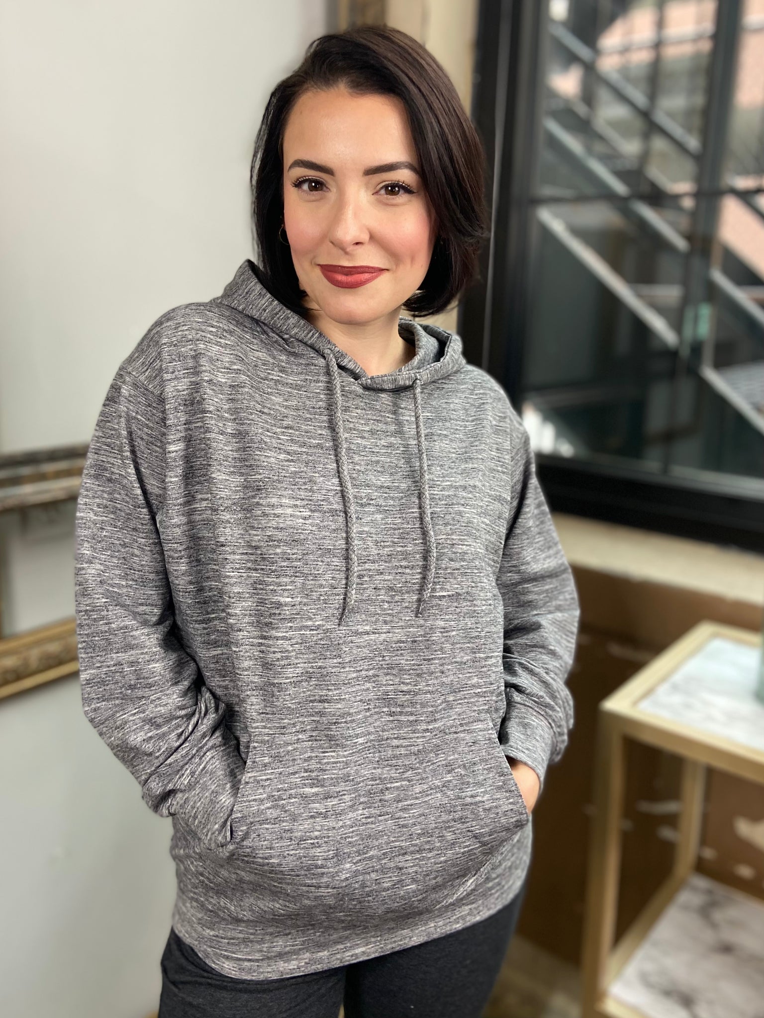 Marble Grey hooded drawstring sweatshirt with kangaroo pockets