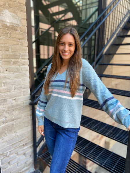 Light blue striped v neck sweater