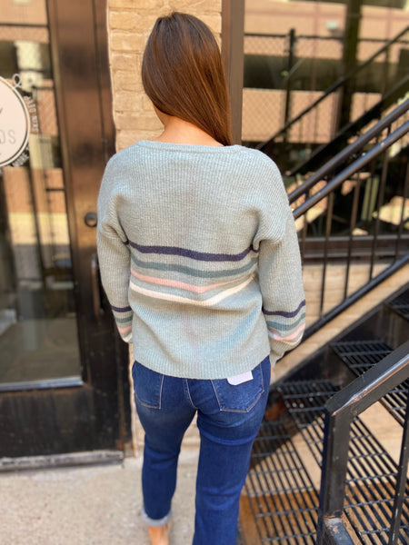 Back view of a Light blue striped v neck sweater