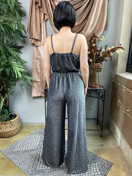 Back View of Silver Shimmery Holiday Jumpsuit