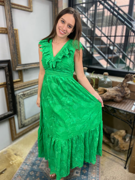 green embroidered floral long dress detailed dress v neck and open back