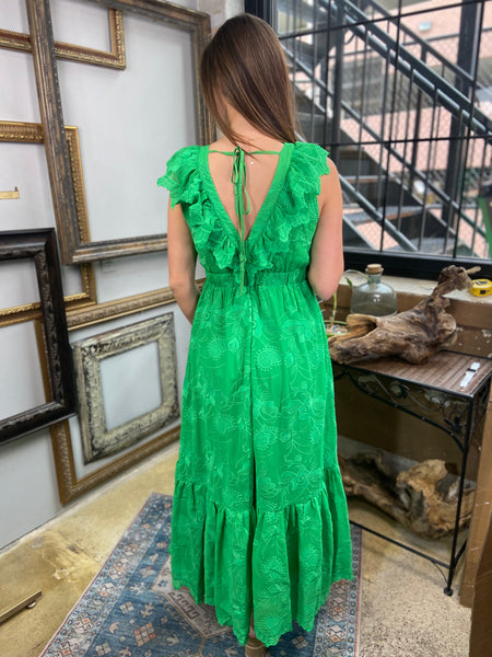 green embroidered floral long dress detailed dress v neck and open back