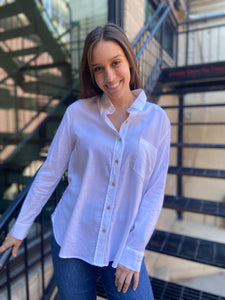 annabel white linen button up paired with jeans