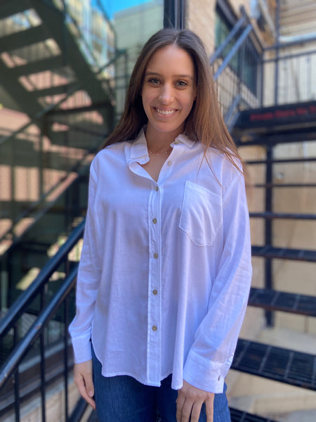 annabel white linen button up paired with jeans