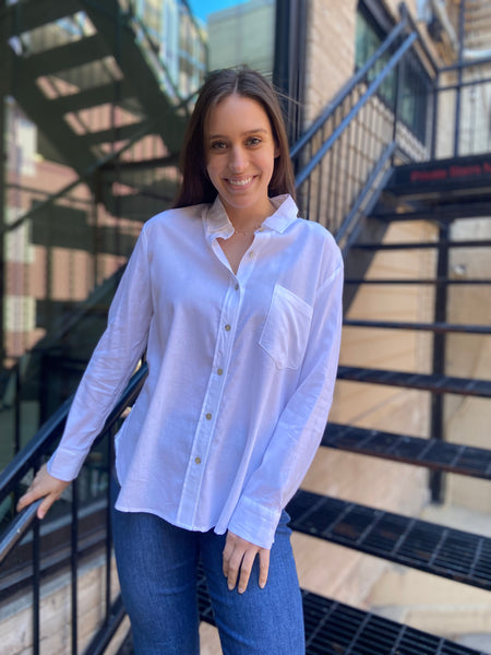 annabel white linen button up paired with jeans