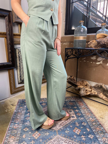 aven mint green linen pants with pockets paired with linen blazer vest