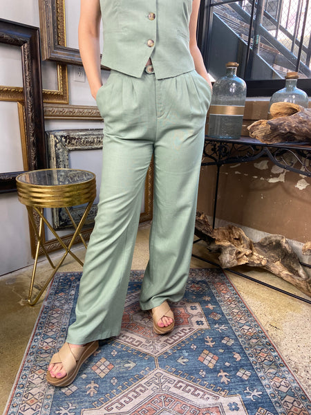 aven mint green linen pants with pockets paired with linen blazer vest