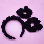Spa Headband - Skincare Headband & Scrunchie Wristband Set: Black