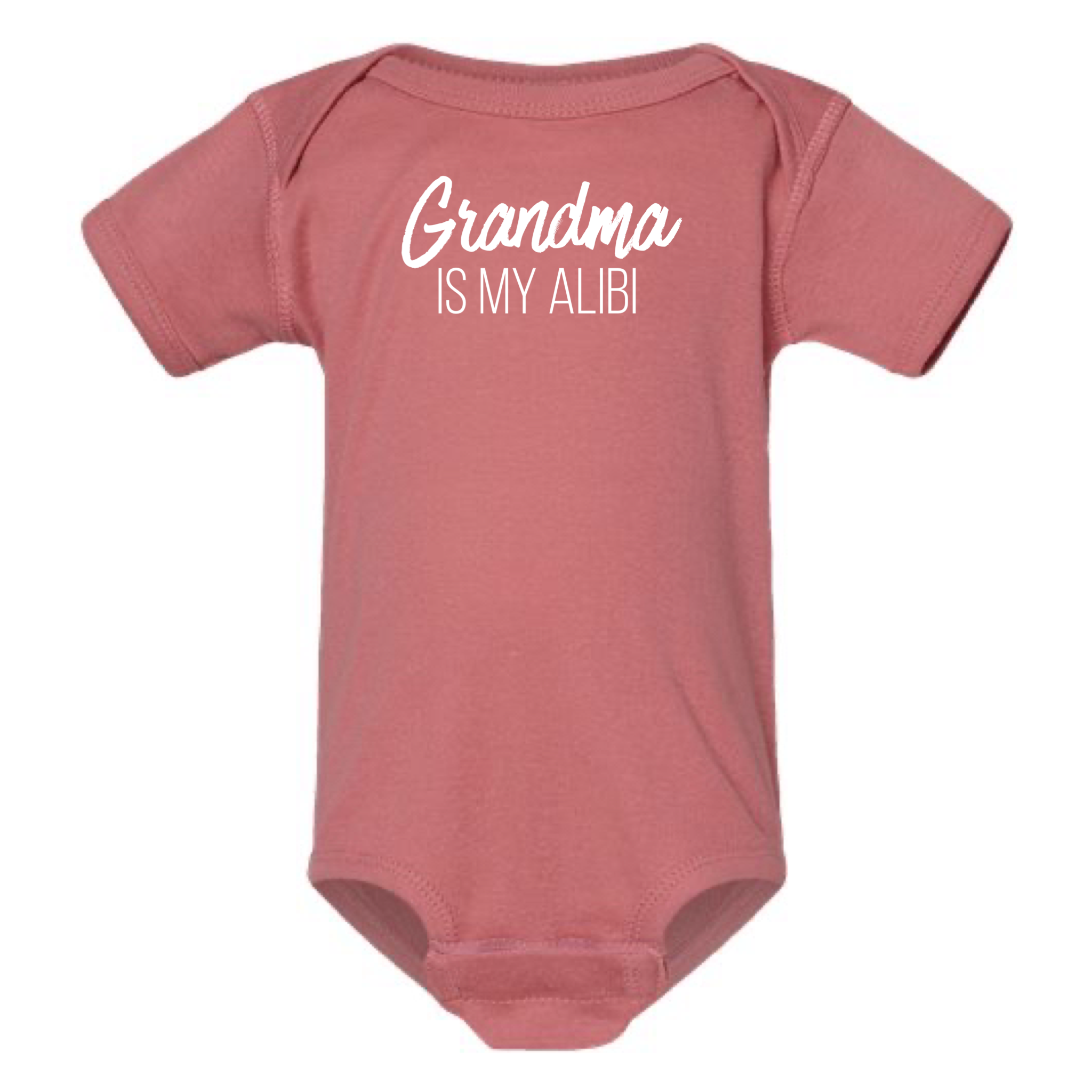 GRANDMA IS MY ALIBI BABY ONESIE: Dusty Rose -18 months