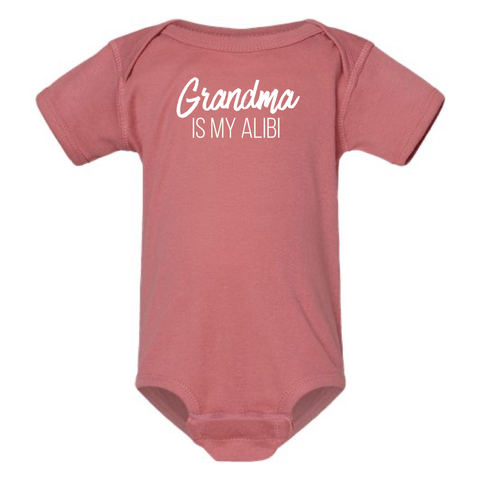 GRANDMA IS MY ALIBI BABY ONESIE: Dusty Rose -18 months