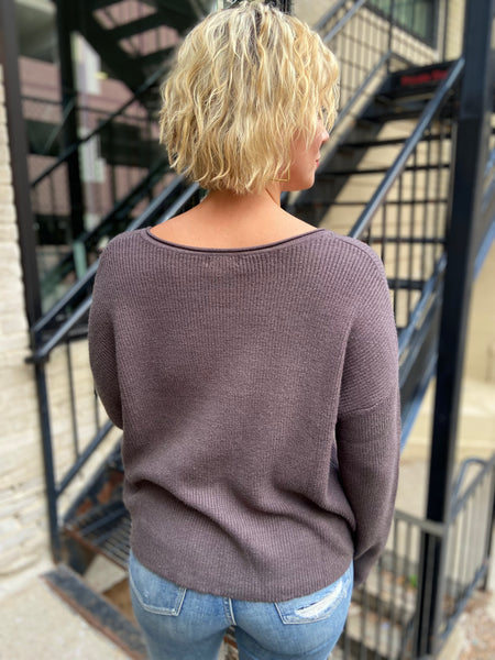 back view of charcoal sweater