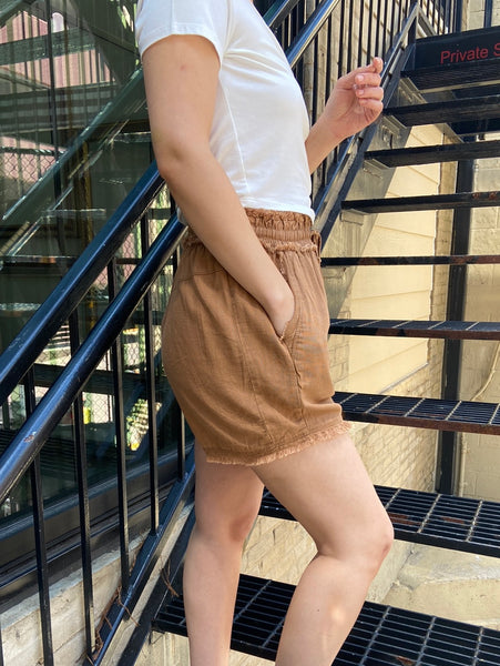 linen shorts brown summer shorts paired with a white t shirt drawstring shorts long shorts comfortable