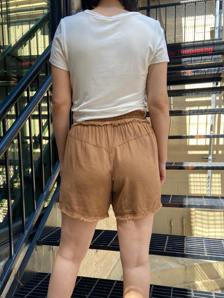 linen shorts brown summer shorts paired with a white t shirt drawstring shorts long shorts comfortable