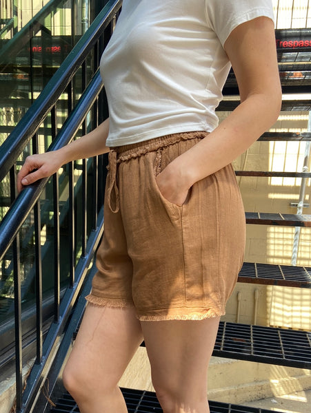 linen shorts brown summer shorts paired with a white t shirt drawstring shorts long shorts comfortable