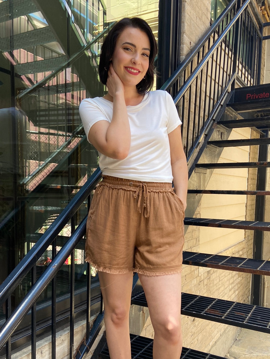 linen shorts brown summer shorts paired with a white t shirt drawstring shorts long shorts comfortable